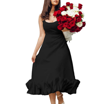 Damen Maxikleid A-Linie Rüschenabschluss zarte Träger