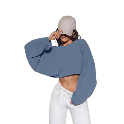 Damen Cropped Sweatshirt Voluminöse Ärmel Lässiger Schnitt Grau
