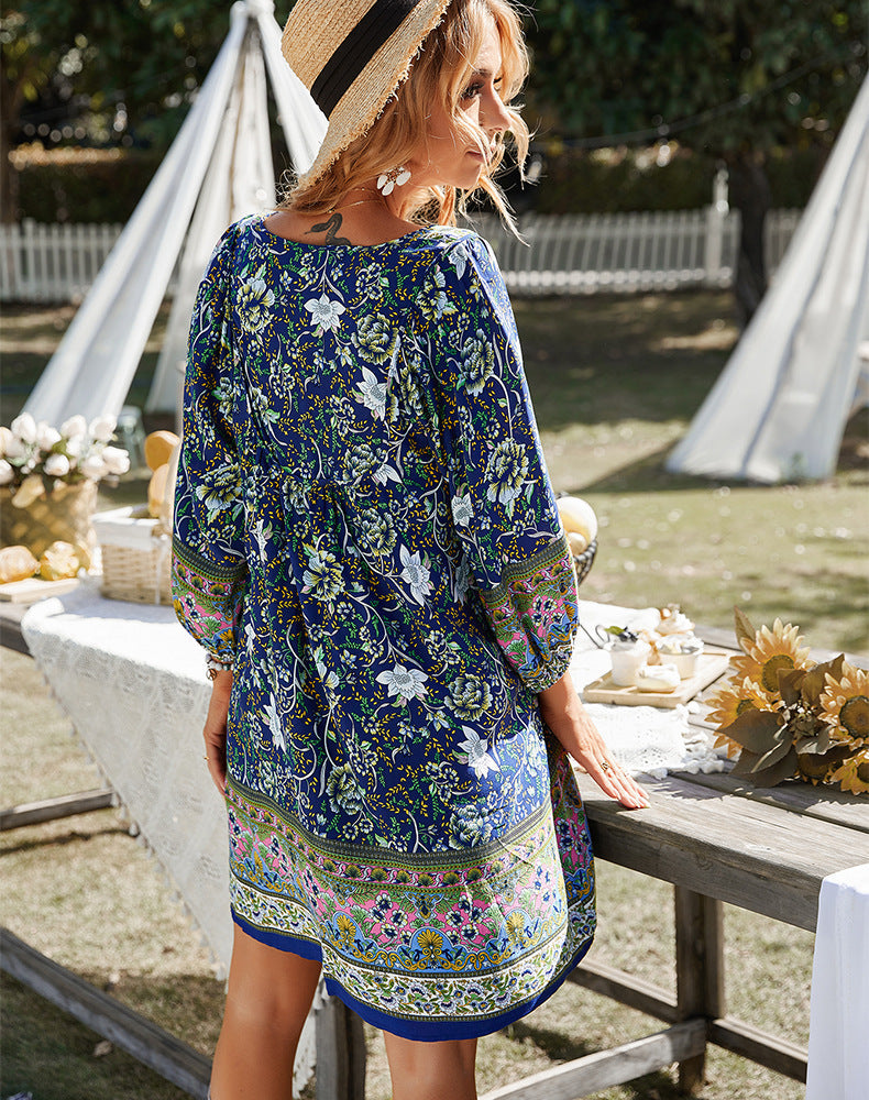 Damen Boho Sommerkleid V-Ausschnitt Blumendruck Bischofsärmel