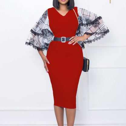 Damen Etuikleid Spitzenärmel Gürtel Elegant Eveloria