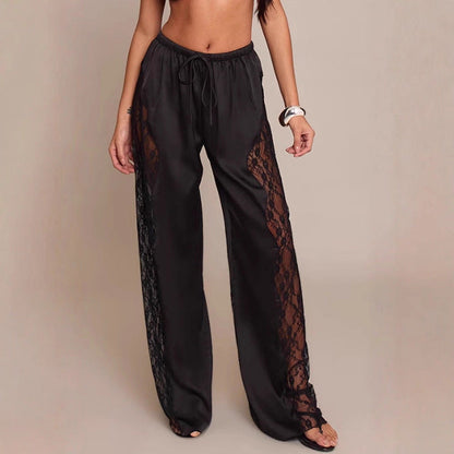 Damen Satin-Hose mit Spitzeneinsätzen Seitenschnitt Schwarz Eveloria - Eveloria