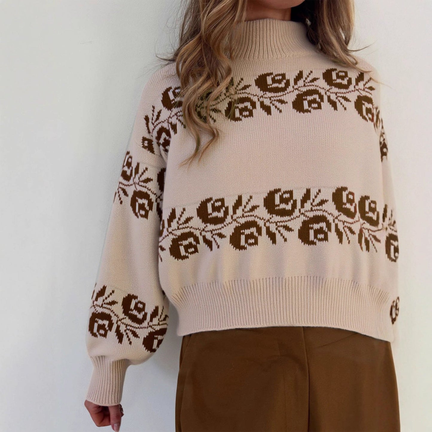 Damen Strickpullover Florales Muster Hochkragen
