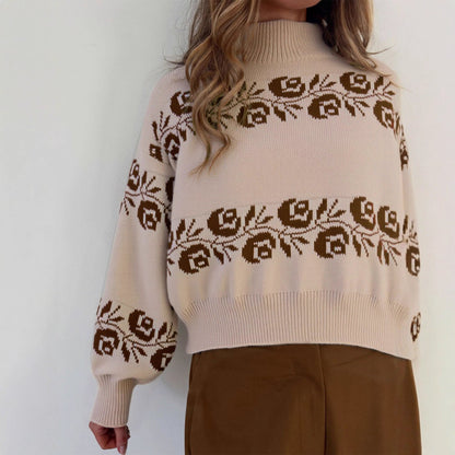 Damen Strickpullover Florales Muster Hochkragen