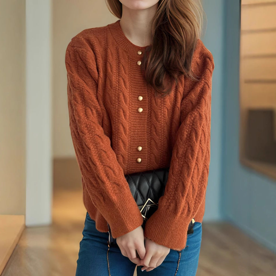 Damen Strickjacke Zopfmuster Perlenknöpfe Eveloria
