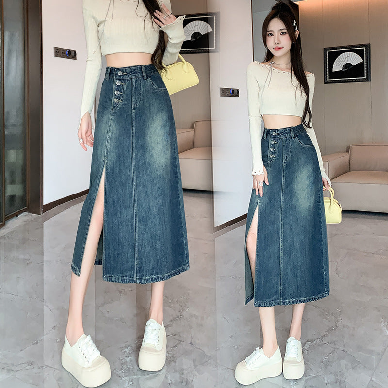 Damen Denim-Rock Lang Frontschlitz