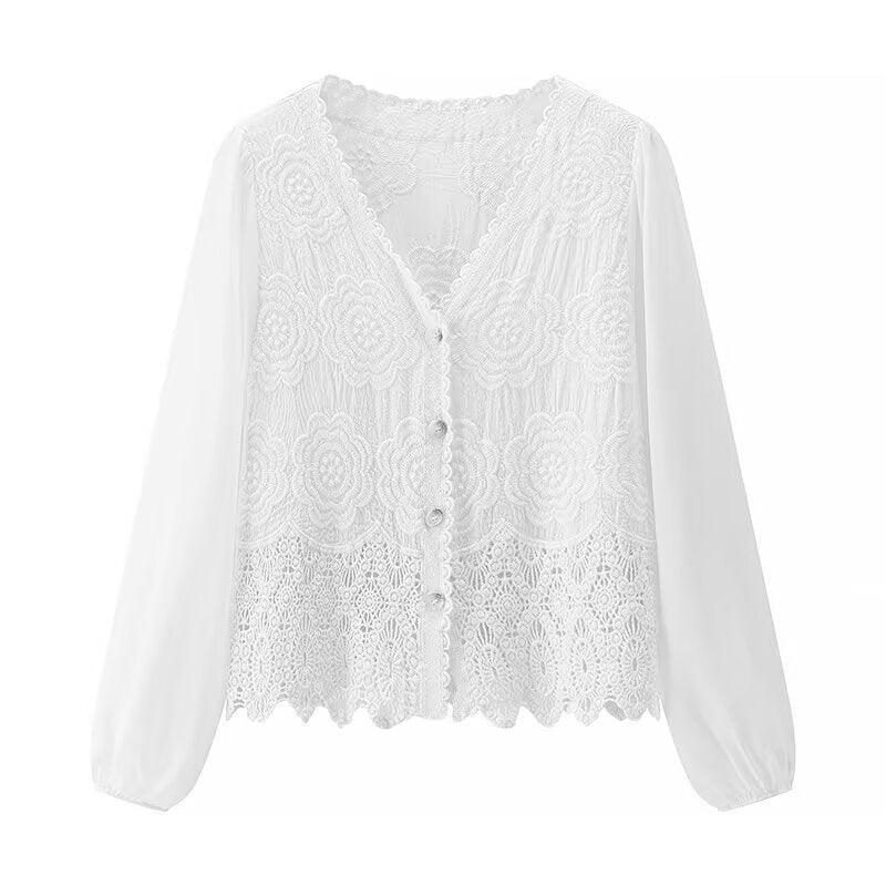 Damen Spitzenbluse Elegant Knöpfe Weiß