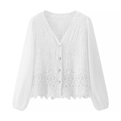 Damen Spitzenbluse Elegant Knöpfe Weiß