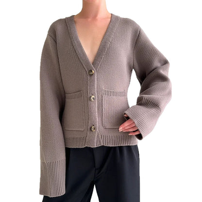 Damen Strickjacke V-Ausschnitt Große Taschen Eveloria