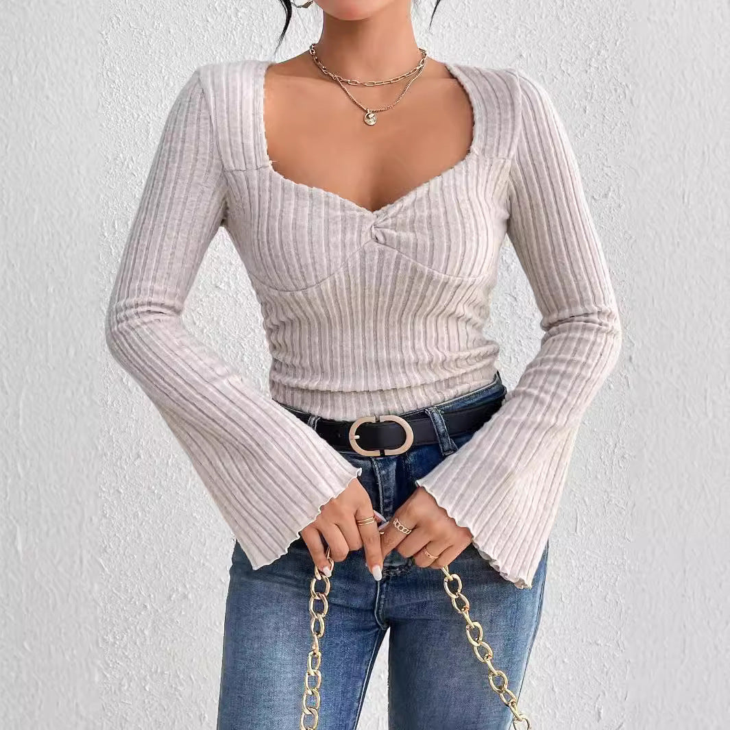Damen Langarmshirt V-Ausschnitt Rüschen Details Eveloria - Eveloria