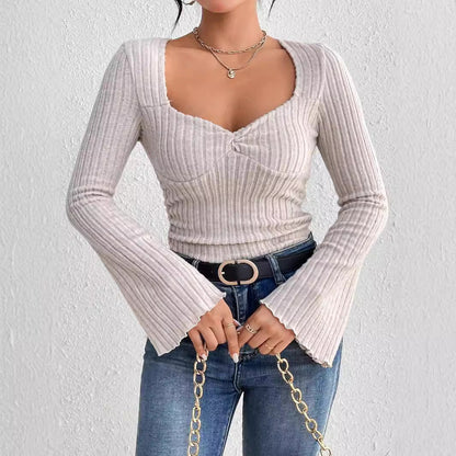 Damen Langarmshirt V-Ausschnitt Rüschen Details Eveloria - Eveloria
