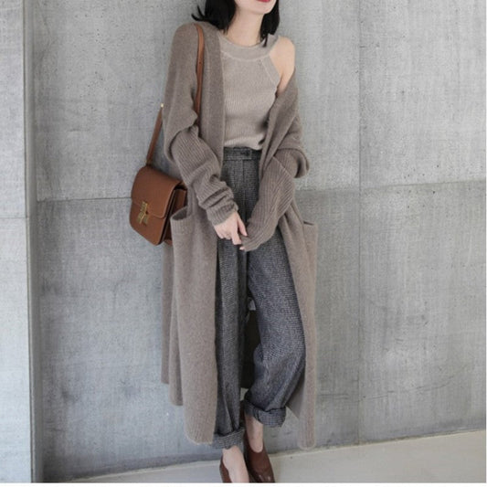 Damen Strickcardigan Lang Weich Mit Taschen Anthrazit - Eveloria
