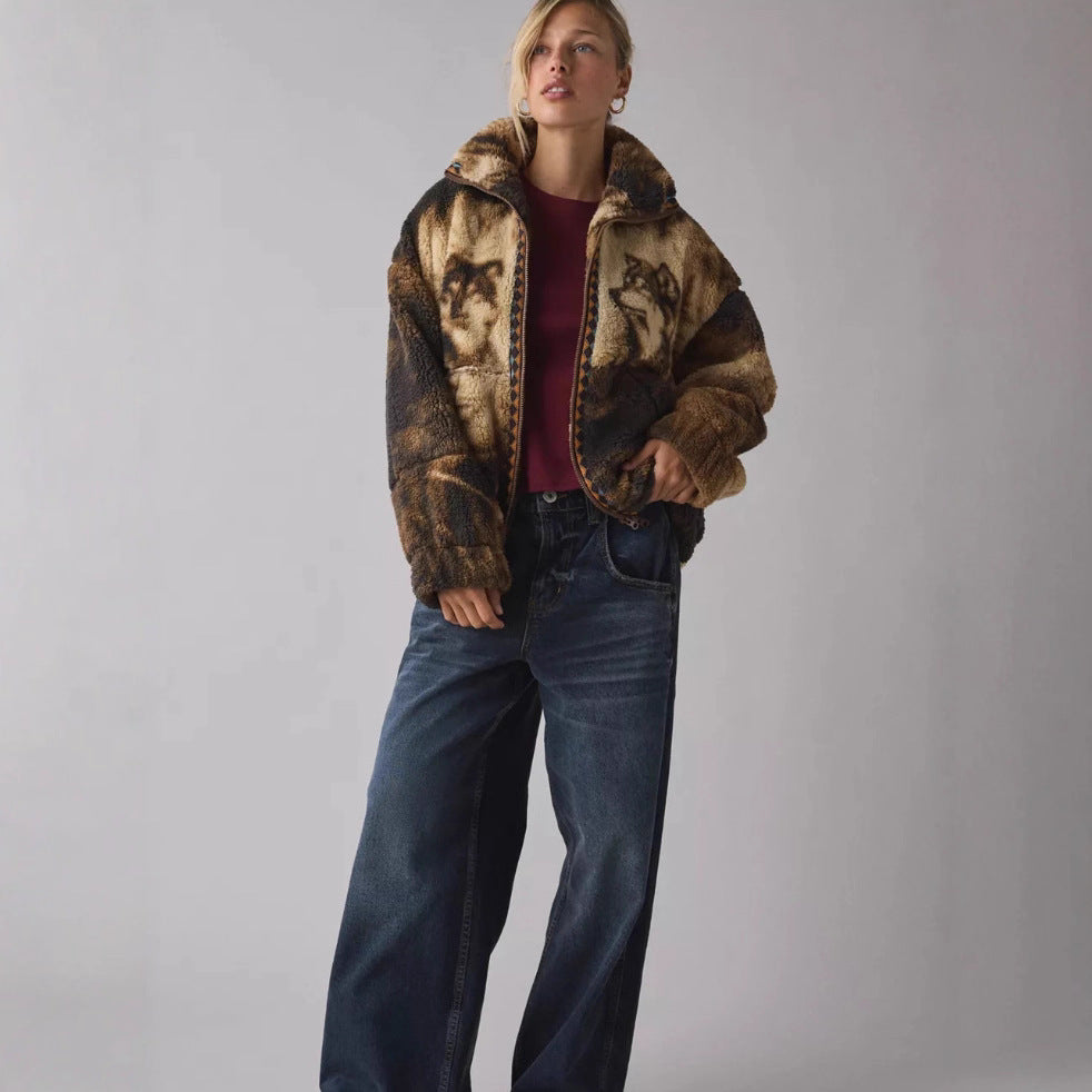 Damen Fleecejacke Tiermotiv Hochkragen Eveloria