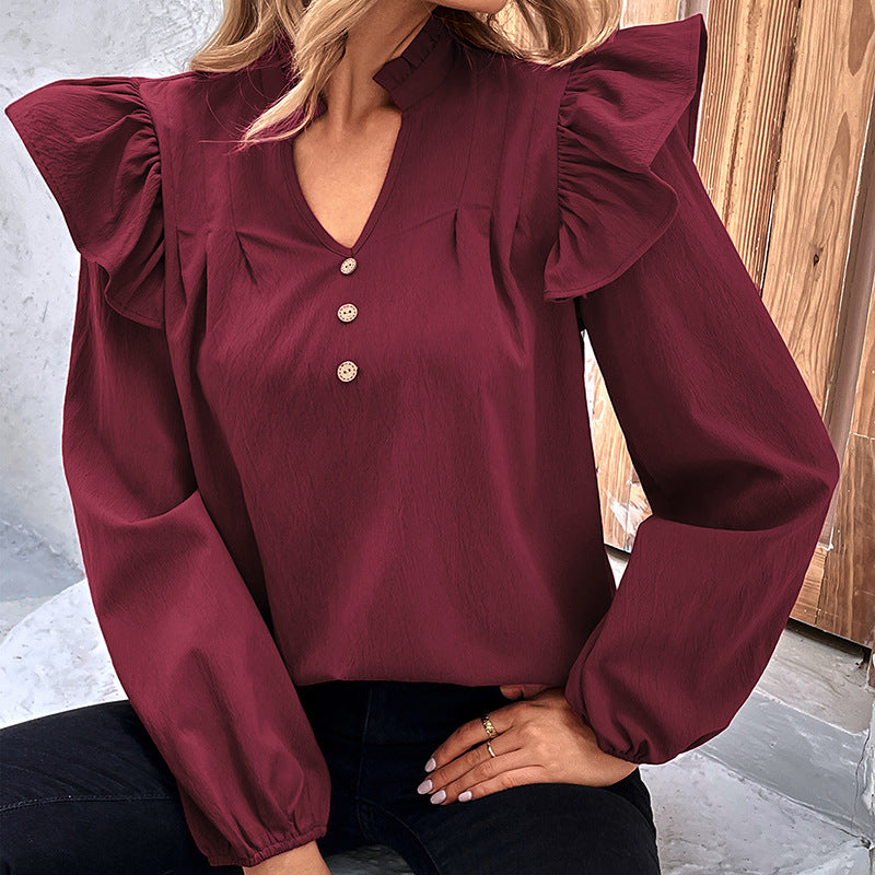 Damen Bluse Rüschenärmel Knopfdetails Eveloria