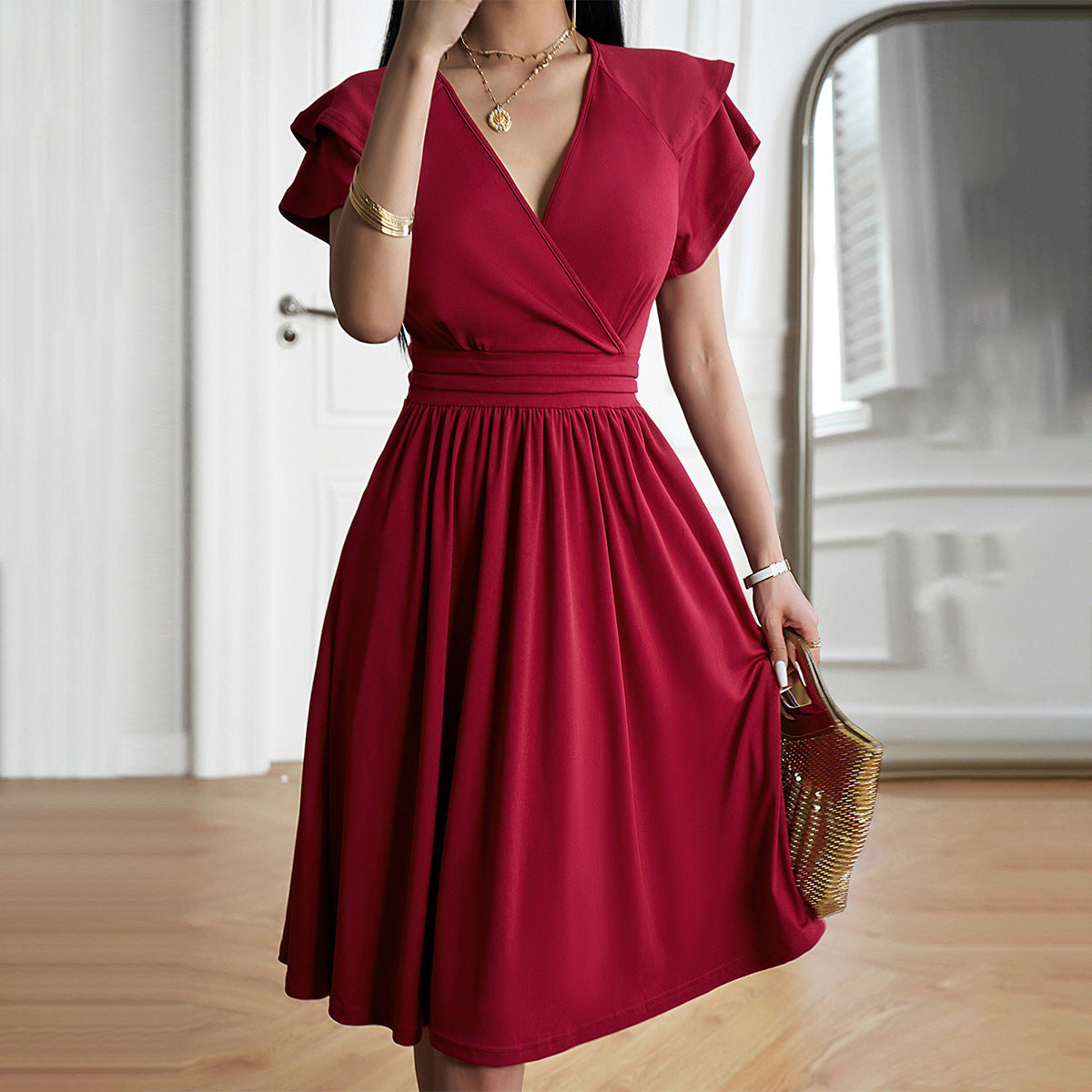 Eveloria Damen Einfarbiges V-Ausschnitt Kurzarmkleid