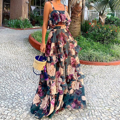 Damen Maxi-Kleid Floralmuster Rüschen Eveloria