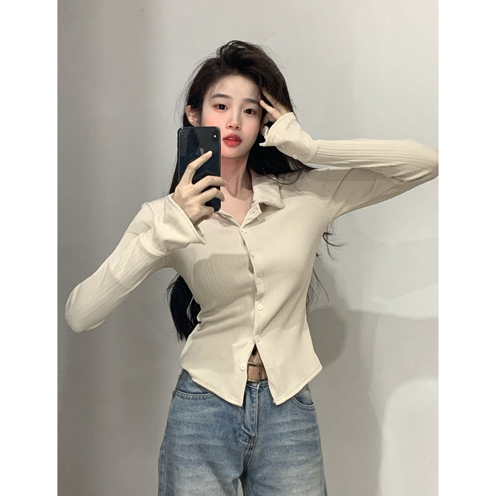 Damen Langarmshirt Volantärmel Modisch Blümchenweiß