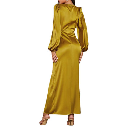 Damen Maxikleid V-Ausschnitt Puffärmel Eveloria