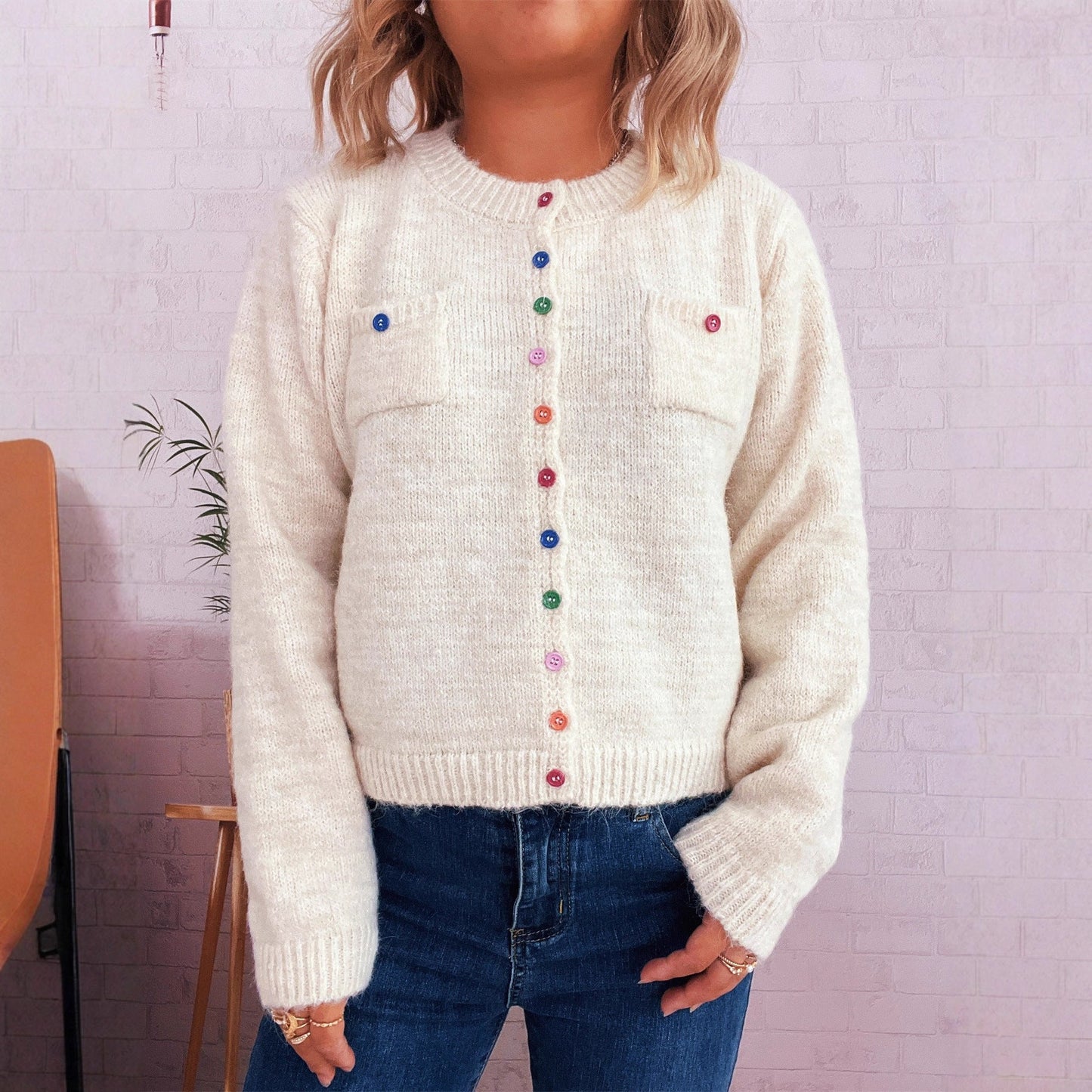 Damen Strickjacke Kuschelig Bunt Knöpfe 2 Taschen