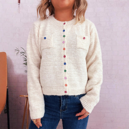 Damen Strickjacke Kuschelig Bunt Knöpfe 2 Taschen