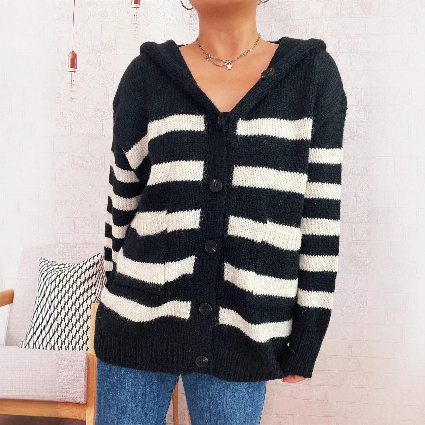 Damen Strickcardigan mit Kapuze und Streifen