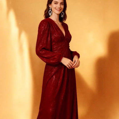 Damen Abendkleid Funkelnder Stoff V-Ausschnitt Eveloria