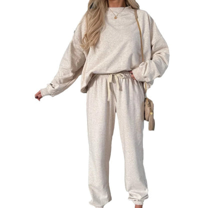 Damen Fleece-Loungewear-Set Elastischer Bund Beige