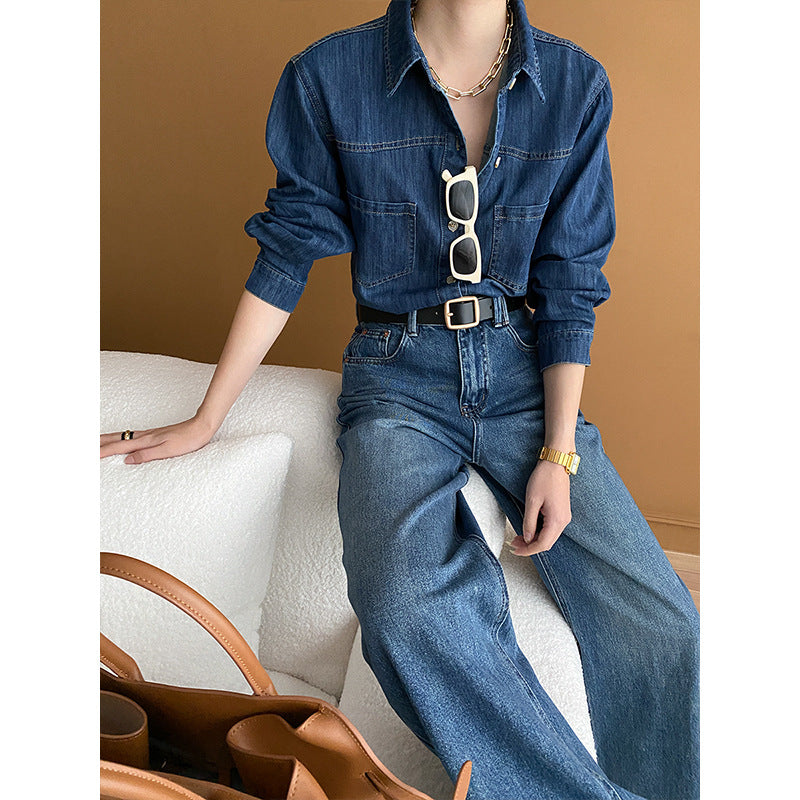 Damen Jeanshemd Lässiger Schnitt Blau