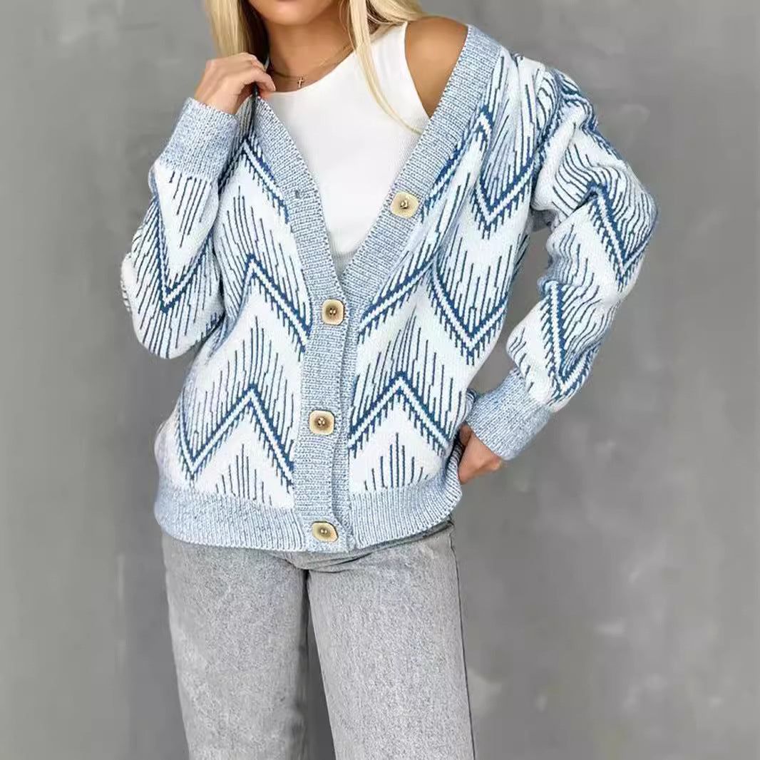 Damen Strickjacke Zigzag Muster Knöpfe Anthrazit