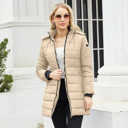 Damen Pufferjacke Steppdesign Mittellang Abnehmbare Kapuze