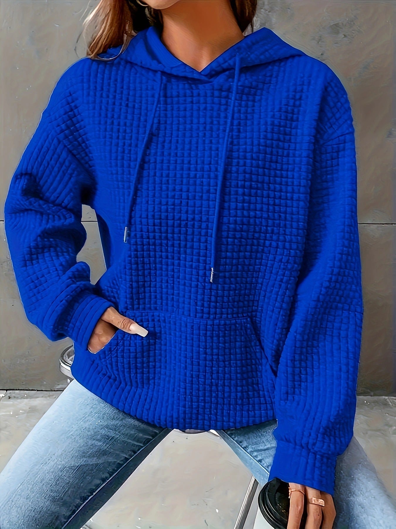 Damen Kapuzenpullover Strukturiertes Waffelmuster Mit Taschen