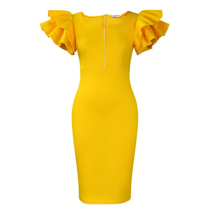 Eveloria Damen Midi-Kleid Voluminöse Rüschen Perlendetails