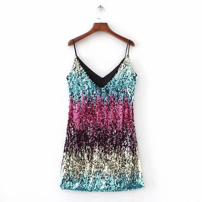 Damen Minikleid Glitzernd Spaghettiträger Raffinierter Schnitt