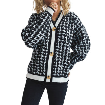 Damen Strickjacke Klassisches Hahnentritt Muster Große Knöpfe