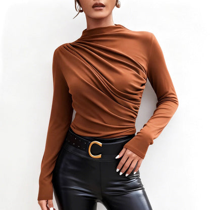 Damen Langarmshirt Stehkragen -Drapierung Elegantes Design Eveloria