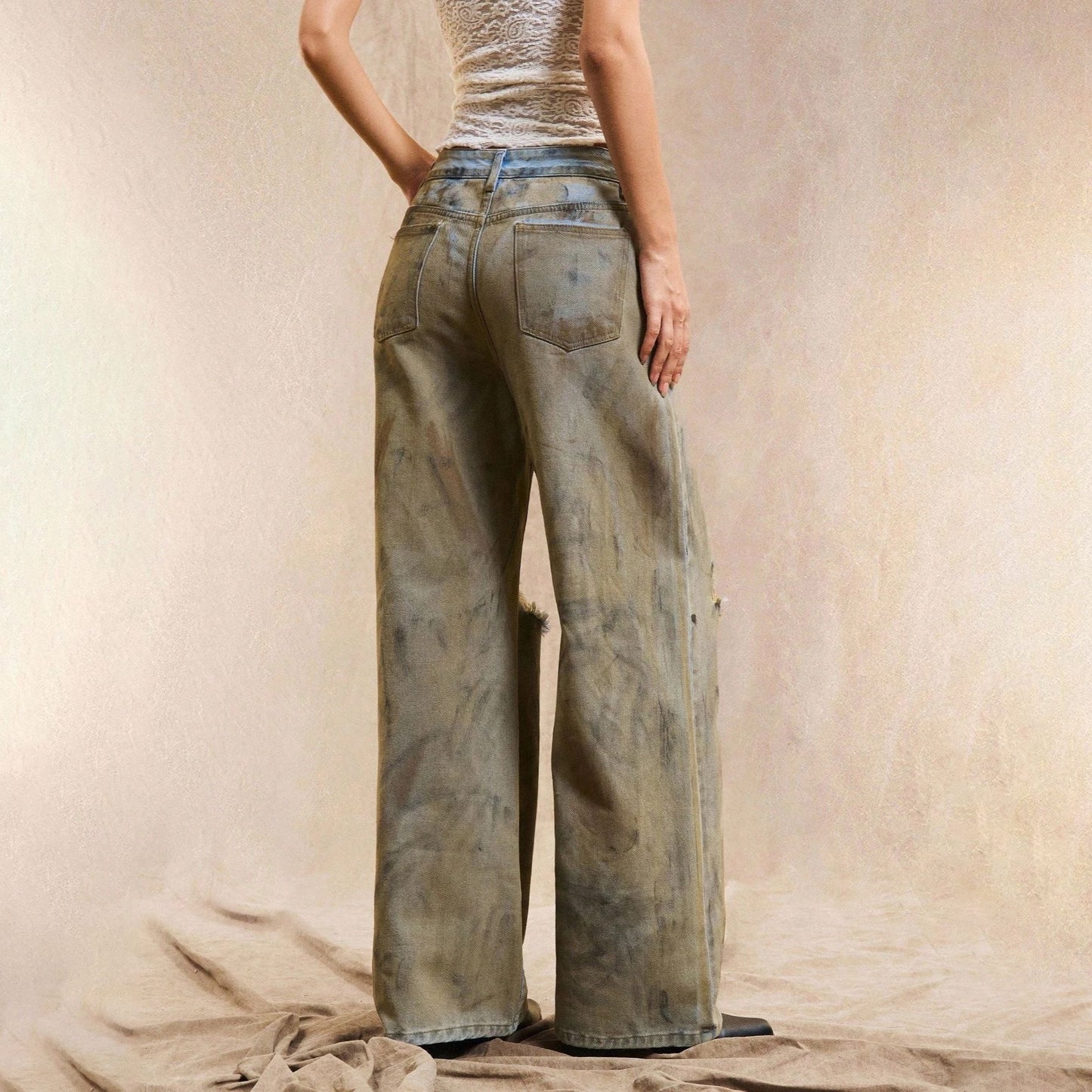 Damen Weite Jeanshose Distressed Details Blau Eveloria