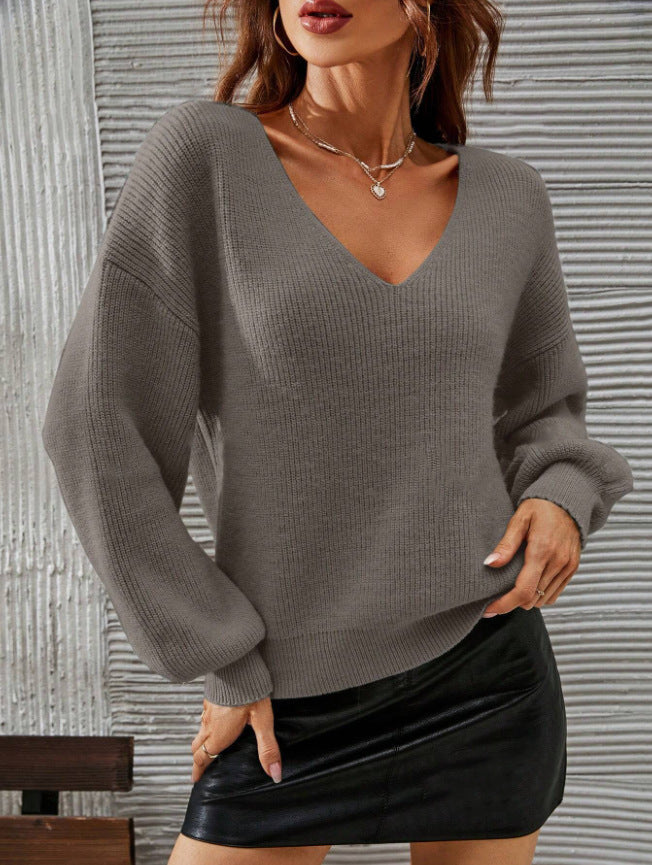 Damen Pullover V-Ausschnitt Lässige Passform Ballonärmel