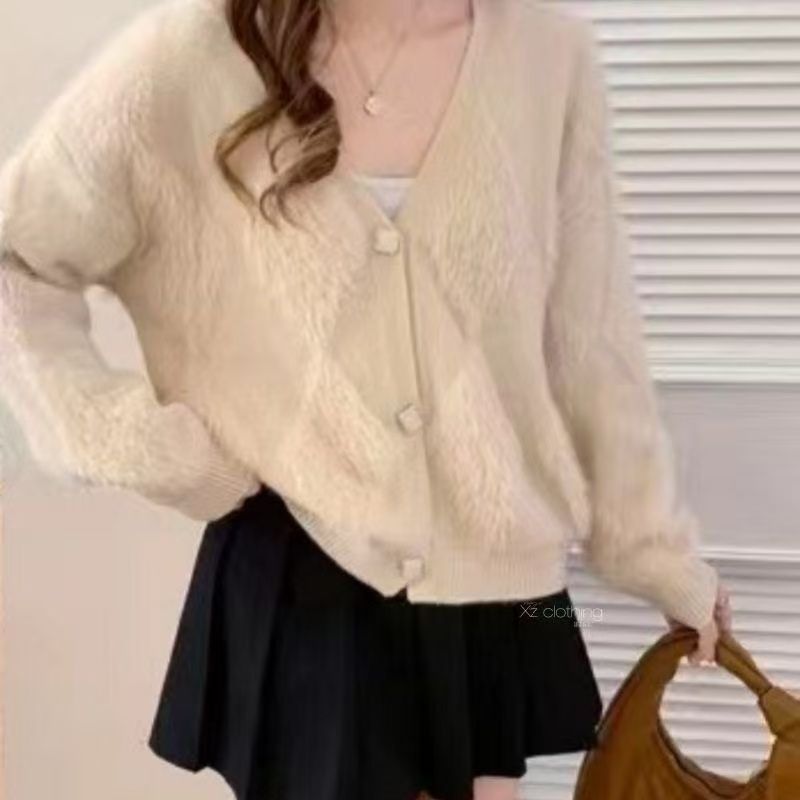 Damen Strickjacke Flauschig mit Knöpfen Beige