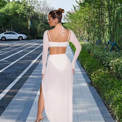 Damen Maxikleid Schimmerndes Kleid mit Seitenschlitz