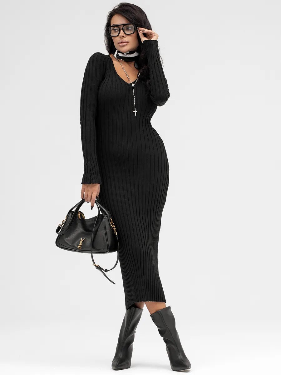Damen Strickkleid V-Ausschnitt Rippenstruktur Eveloria