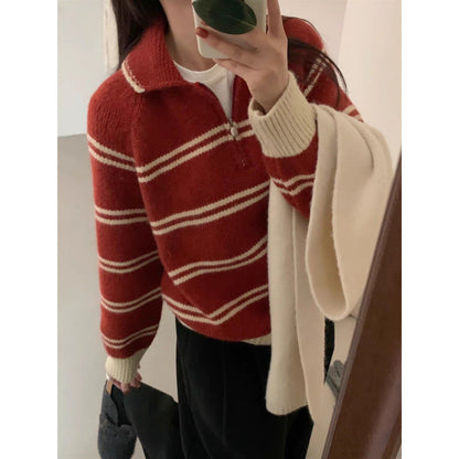 Damen Strickpullover Halbreißverschluss Gestreift Eveloria