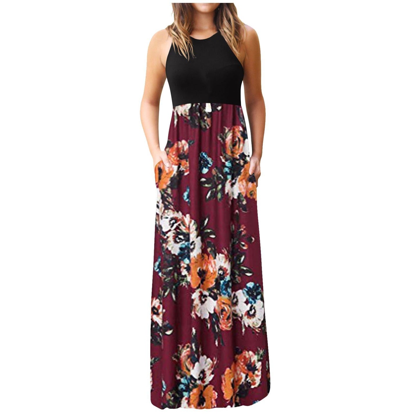 Damen Maxikleid Floralmuster Mit Seitentaschen