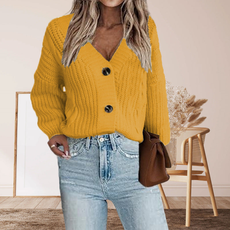 Damen Grobstrickcardigan Voluminöse Ärmel Knöpfe Beige