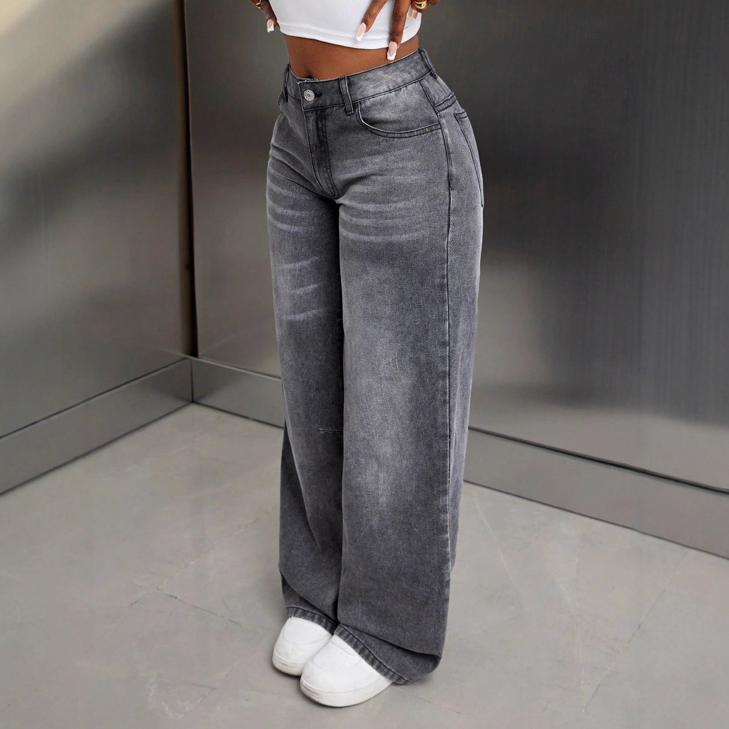 Damen Jeans Weit Geschnitten Denim Blau Eveloria