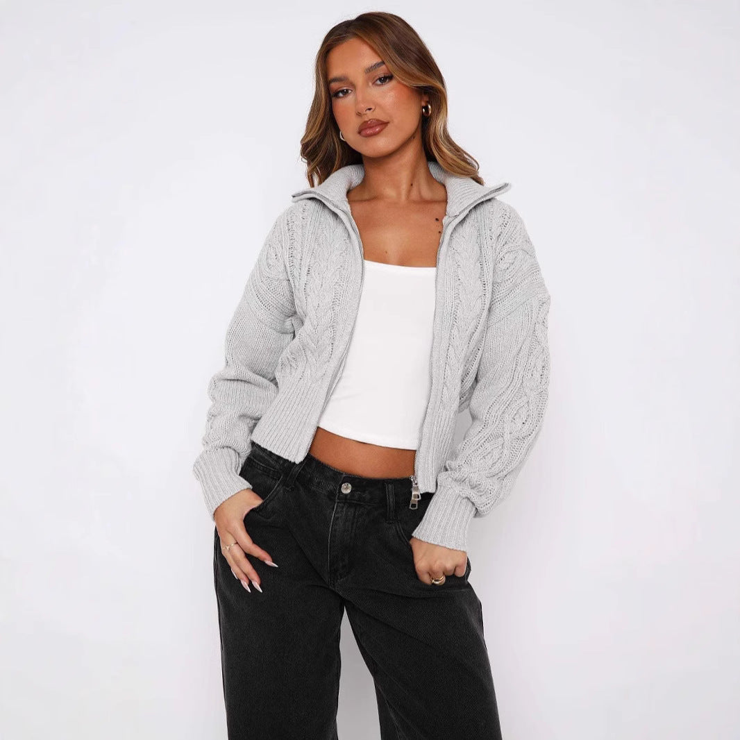 Damen Strickcardigan Kurz Zopfmuster Reißverschluss Eveloria