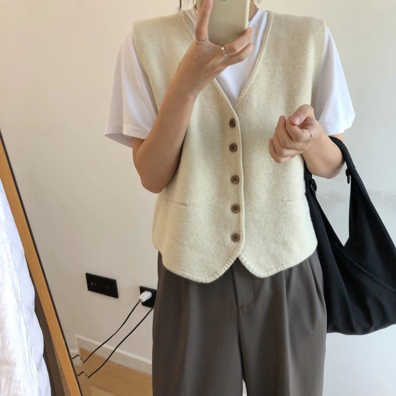 Damen Strickweste Feinripp aus Merino-Wolle mit Knöpfen Beige