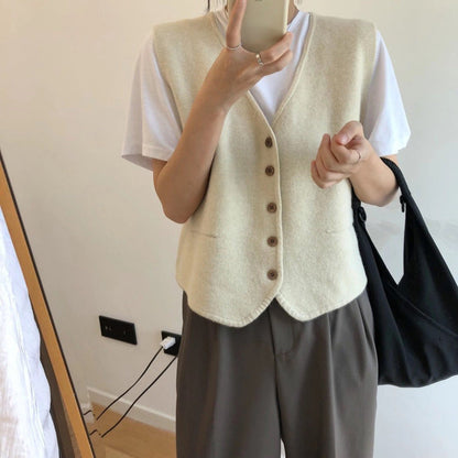 Damen Strickweste Feinripp aus Merino-Wolle mit Knöpfen Beige