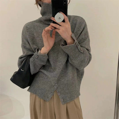 Damen Rollkragenpullover Kuschelfleece Mit Knöpfen Beige