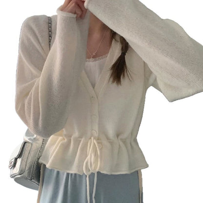 Damen Strickjacke Tailliert Mit Gürtel Beige
