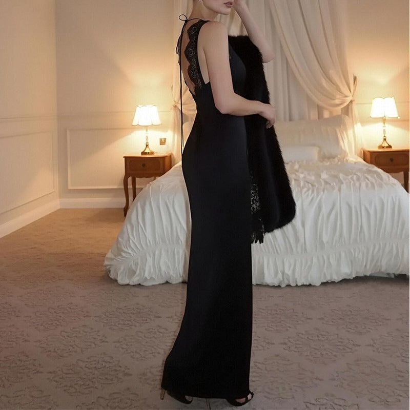 Damen Maxikleid Spitze V-Ausschnitt