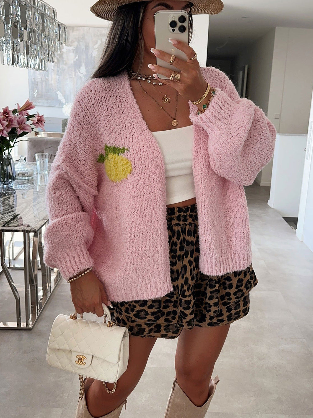 Damen Strickjacke Oversized Obstprint